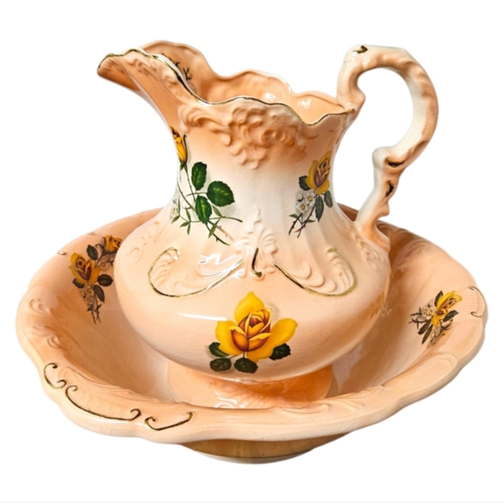 Vintage Ceramic Pitcher and Basin Set Peach Yellow Rose Floral Wash Basin Jug